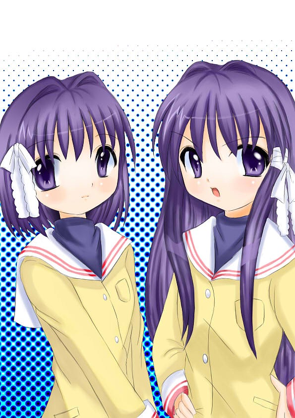 fujieda hiro, fujibayashi kyou, fujibayashi ryou, clannad, 00s, 2girls, multiple girls, purple eyes, purple hair, school uniform, siblings, sisters, twins