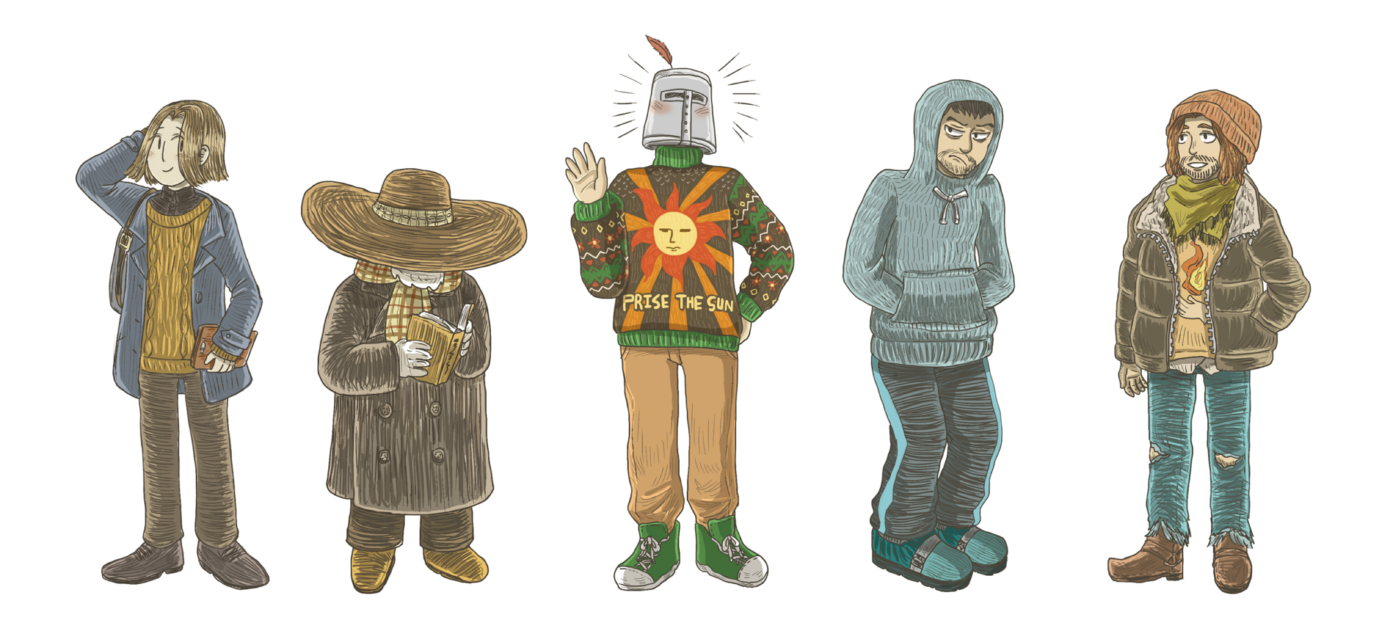 big hat logan, crestfallen warrior, griggs of vinheim, laurentius of the great swamp, solaire of astora, dark souls (series), dark souls i, commentary request, highres, 5boys, beanie, beard, black coat, black hair, blue hoodie, blue jacket, blue pants, brown hair, brown hat, brown pants, closed mouth, coat, contemporary, empthylee, facial hair, full body, goatee, green scarf, green shoes, hands in pocket, hat, hat over eyes, helm, helmet, hood, hood up, hoodie, jacket, large hat, looking at viewer, male focus, multiple boys, pants, scarf, shoes, short hair, simple background, smile, sneakers, sun print, sweater, ugly sweater, waving, white background, yellow sweater