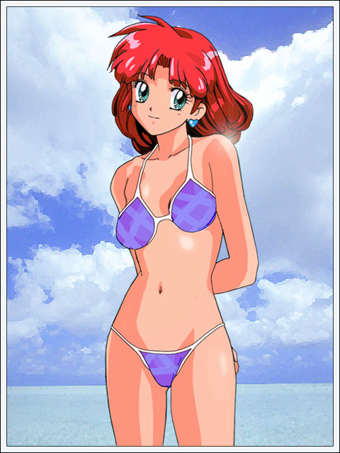 minky momo, mahou no princess minky momo, non-web source, aged up, bikini, day, earrings, green eyes, jewelry, magical girl, red hair, short hair, solo, swimsuit