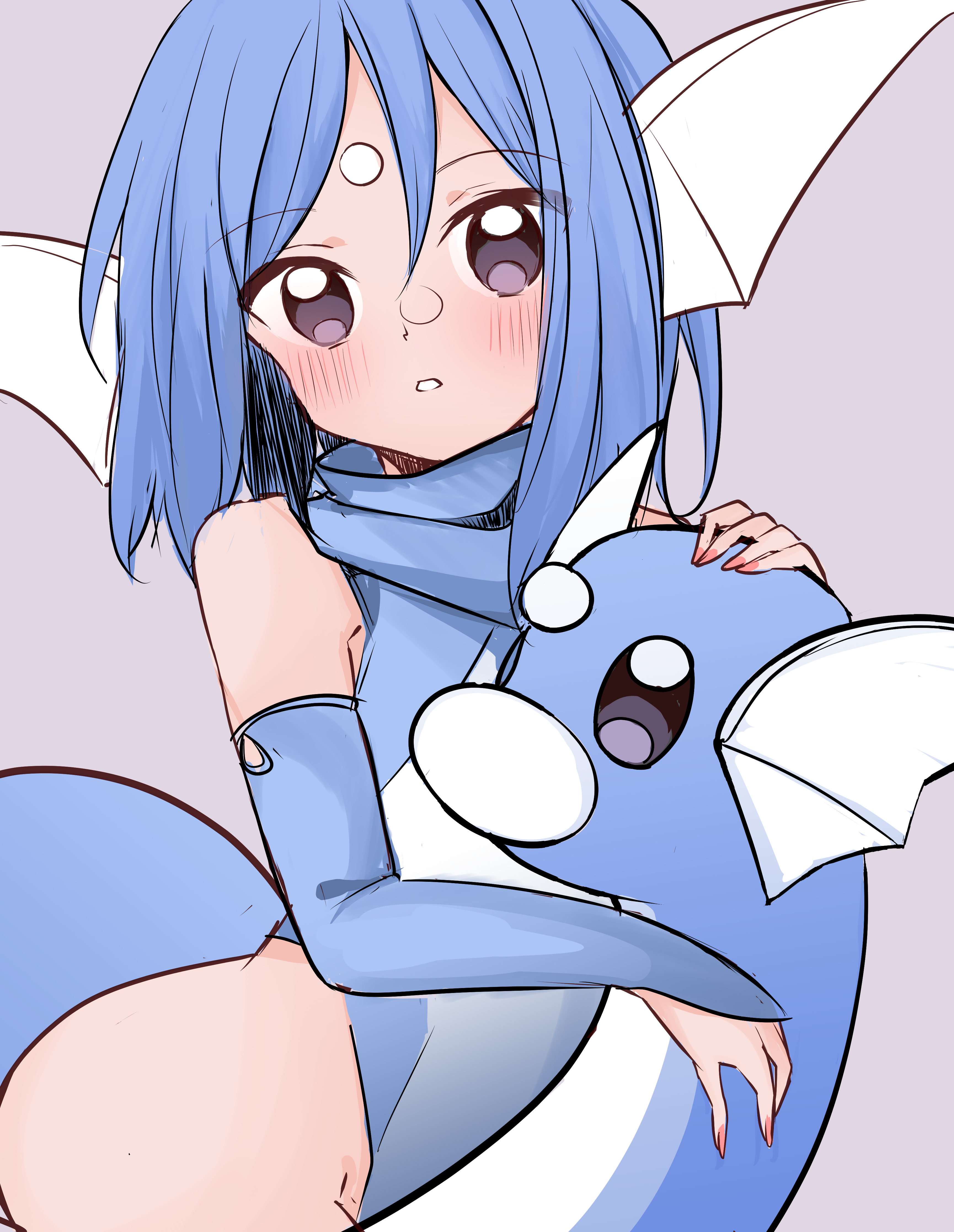 cafe berry, dragonair, nintendo, pokemon, absurdres, highres, 1girl, ass, blue hair, blush, creature and personification, facial mark, flat chest, forehead mark, gen 1 pokemon, leotard, medium hair, personification, pokemon (creature), standing