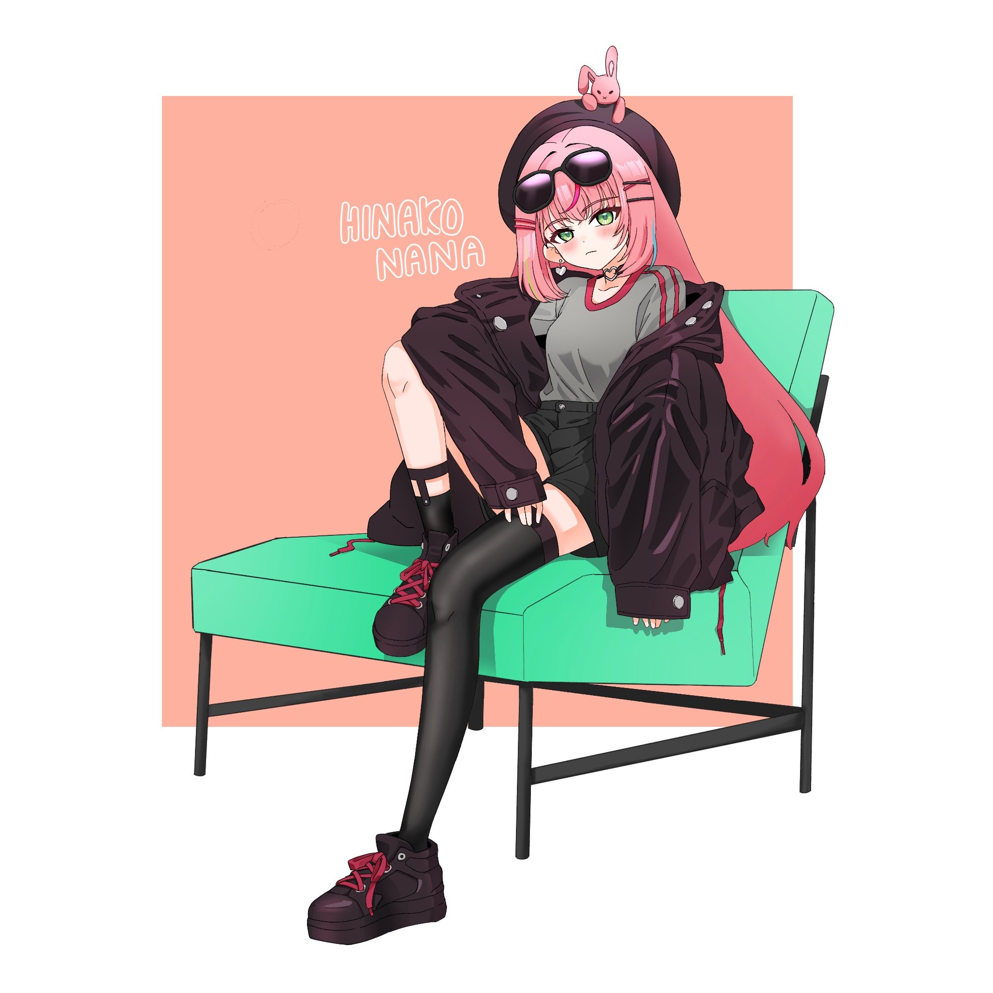 hanako nana, peto (hanako nana), stellive, hashtag-only commentary, highres, 1girl, asymmetrical legwear, beret, black hat, black jacket, black shoes, black shorts, black socks, black thighhighs, blush, character name, choker, closed mouth, denim, denim shorts, earrings, eyewear on head, full body, green eyes, grey shirt, hair ornament, hairclip, hat, heart, heart earrings, heart o-ring, jacket, jewelry, long hair, long sleeves, looking at viewer, o-ring, o-ring choker, off shoulder, open clothes, open jacket, parallel hairclips, pink hair, shirt, shirt tucked in, shoes, short shorts, shorts, sidelocks, single thighhigh, sitting, sleeves past wrists, socks, solo, straight hair, sunglasses, thighhighs, two-tone background, very long hair, virtual youtuber, wispy bangs, x hair ornament, yuringi (wkd4466), zettai ryouiki