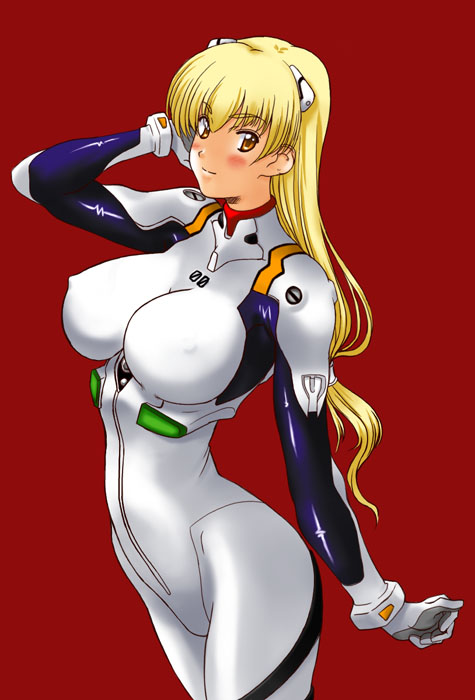 kamia (not found), ayanami rei, matsuoka kiyone, neon genesis evangelion, original, non-web source, 1girl, alternate breast size (larger), ayanami rei (cosplay), blonde hair, breasts, brown eyes, cosplay, covered erect nipples, female focus, huge breasts, long hair, mecha pilot suit, plugsuit (cosplay), plugsuit (evangelion), simple background, solo