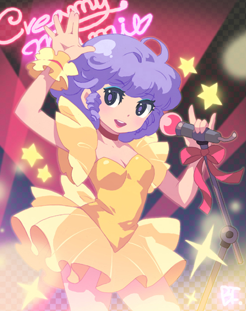 bf. (sogogiching), creamy mami, morisawa yuu, mahou no tenshi creamy mami, 1980s (style), 1girl, choker, dress, drill hair, eyeshadow, female focus, frills, idol, leotard, m/, magical girl, makeup, microphone, neon lights, oldschool, purple eyes, purple hair, retro artstyle, ribbon, skirt, solo, sparkle, spotlight, star (symbol)