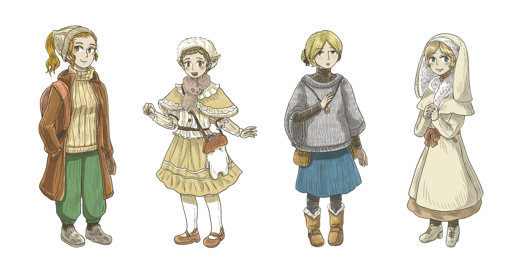 anastacia of astora, darkmoon knightess, dusk of oolacile, mushroom parent, rhea of thorolund, dark souls (series), dark souls i, commentary request, highres, 4girls, alternate costume, beanie, blonde hair, blue eyes, blue skirt, blush, boots, braid, brown boots, brown coat, coat, contemporary, crown braid, dress, empthylee, full body, fur-trimmed boots, fur hat, fur trim, gloves, green pants, grey eyes, grey sweater, hat, lolita fashion, looking at viewer, multiple girls, open clothes, open coat, open mouth, orange eyes, own hands together, pants, pantyhose, shirt, short hair, simple background, skirt, smile, sweater, white background, white dress, white gloves, white hat, white pantyhose, white shirt, yellow skirt
