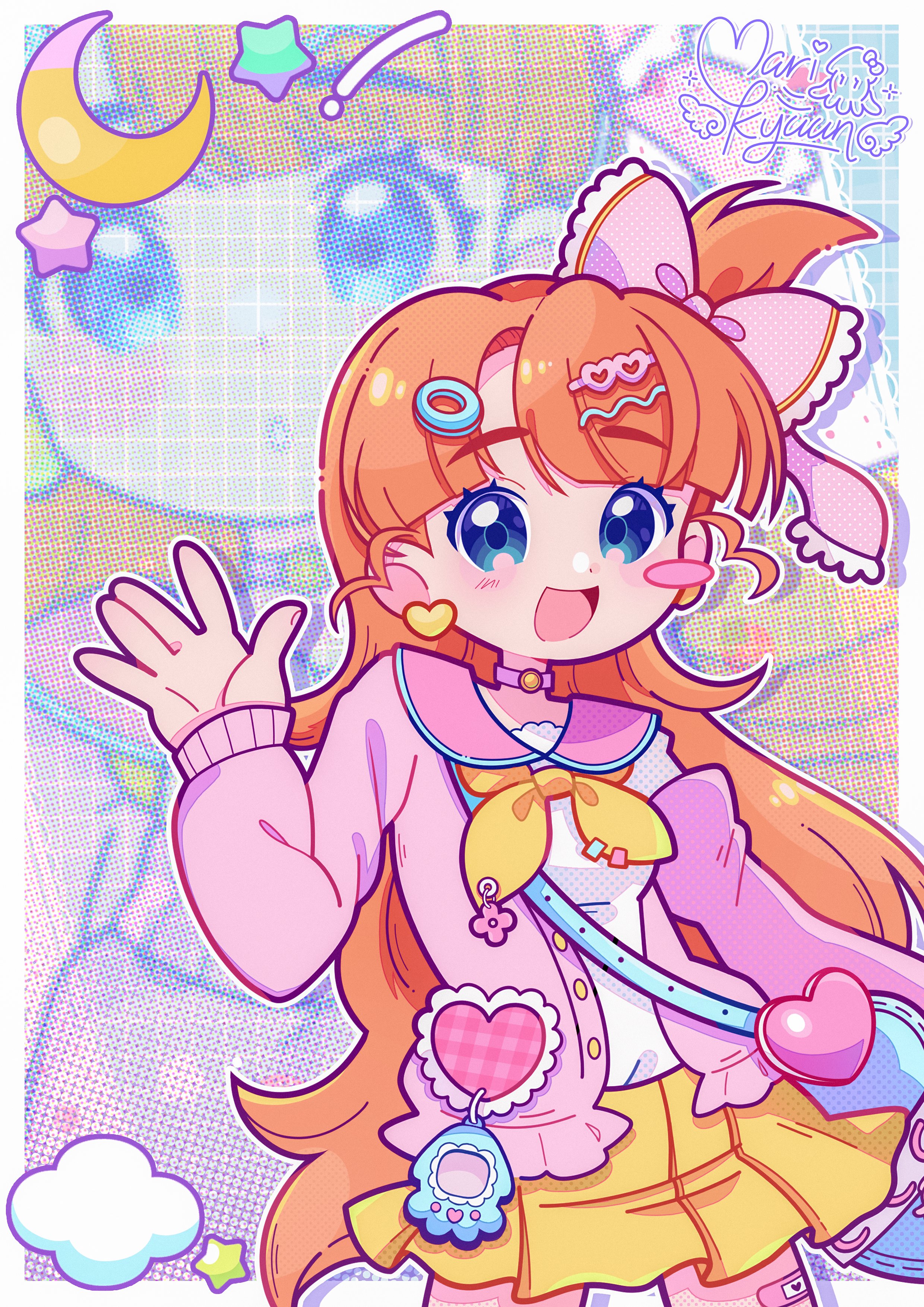 marikyuunn, marikyuunn (vtuber), indie virtual youtuber, absurdres, commentary, english commentary, highres, !, 1girl, :d, alternate costume, artist name, artist self-insert, bag, bandaid, bandaid on thigh, blue bag, blue eyes, blunt bangs, blush, blush stickers, border, bow, breasts, buttons, character background, choker, cloud, cowboy shot, crescent, dot nose, earrings, fingernails, frilled bow, frills, grid background, hair bow, hair ornament, hairclip, halftone, halftone background, hand up, happy, heart, heart earrings, heart hair ornament, heart ornament, jacket, jacket partially removed, jewelry, legs apart, long hair, long sleeves, looking at viewer, medium breasts, miniskirt, multiple hair clips, multiple views, neckerchief, one side up, open clothes, open hand, open jacket, open mouth, orange hair, outline, outside border, patterned background, pink bow, pink choker, pink sailor collar, pleated skirt, sailor collar, sailor shirt, shirt, shoulder bag, signature, skirt, smile, star (symbol), thick eyebrows, very long hair, virtual pet (toy), virtual youtuber, waving, white border, white outline, white shirt, yellow neckerchief, yellow skirt