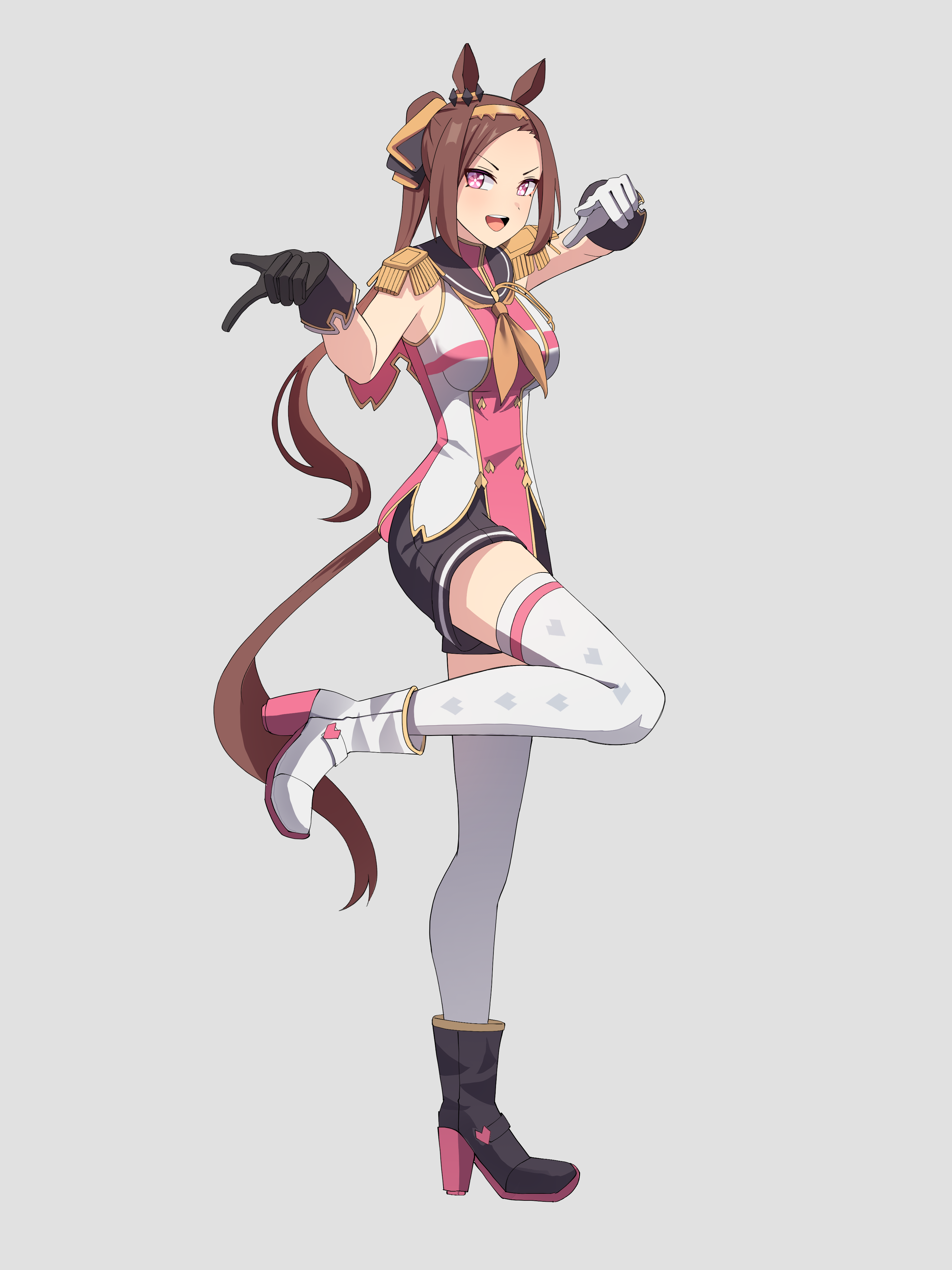 gar32, sakura bakushin o (blossom in learning) (umamusume), sakura bakushin o (umamusume), umamusume, absurdres, commentary, highres, 1girl, :d, animal ears, asymmetrical footwear, asymmetrical gloves, black boots, black gloves, black shorts, boots, breasts, brown hair, epaulettes, flower-shaped pupils, forehead, full body, gloves, grey background, high heel boots, high heels, horse ears, horse girl, horse tail, looking at viewer, medium breasts, mismatched footwear, mismatched gloves, open mouth, parted bangs, pink shirt, ponytail, purple eyes, shirt, shorts, simple background, sleeveless, sleeveless shirt, smile, solo, standing, standing on one leg, symbol-shaped pupils, tail, thighhighs, thighhighs under boots, white boots, white gloves, white thighhighs