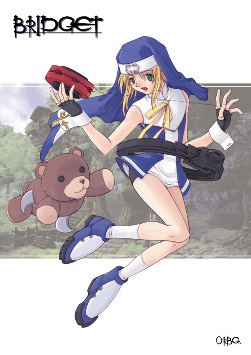 orebalgum, bridget (guilty gear), roger (guilty gear), arc system works, guilty gear, guilty gear xx, commentary request, korean commentary, ankle socks, bare arms, bare shoulders, bike shorts, black gloves, black shorts, blonde hair, blue jacket, blue shoes, blue veil, buttoned cuffs, buttons, character name, cross, day, fingerless gloves, full body, gloves, green eyes, high collar, jacket, knees together feet apart, latin cross, long hair, looking at object, nose, nun, open mouth, outdoors, puritan collar, ruins, shirt, shoes, shorts, sleeveless, sleeveless jacket, socks, stuffed animal, stuffed toy, teddy bear, tree, turtleneck, veil, watermark, web address, white shirt, white shoes, white socks, white wrist cuffs, wrist cuffs, yo-yo