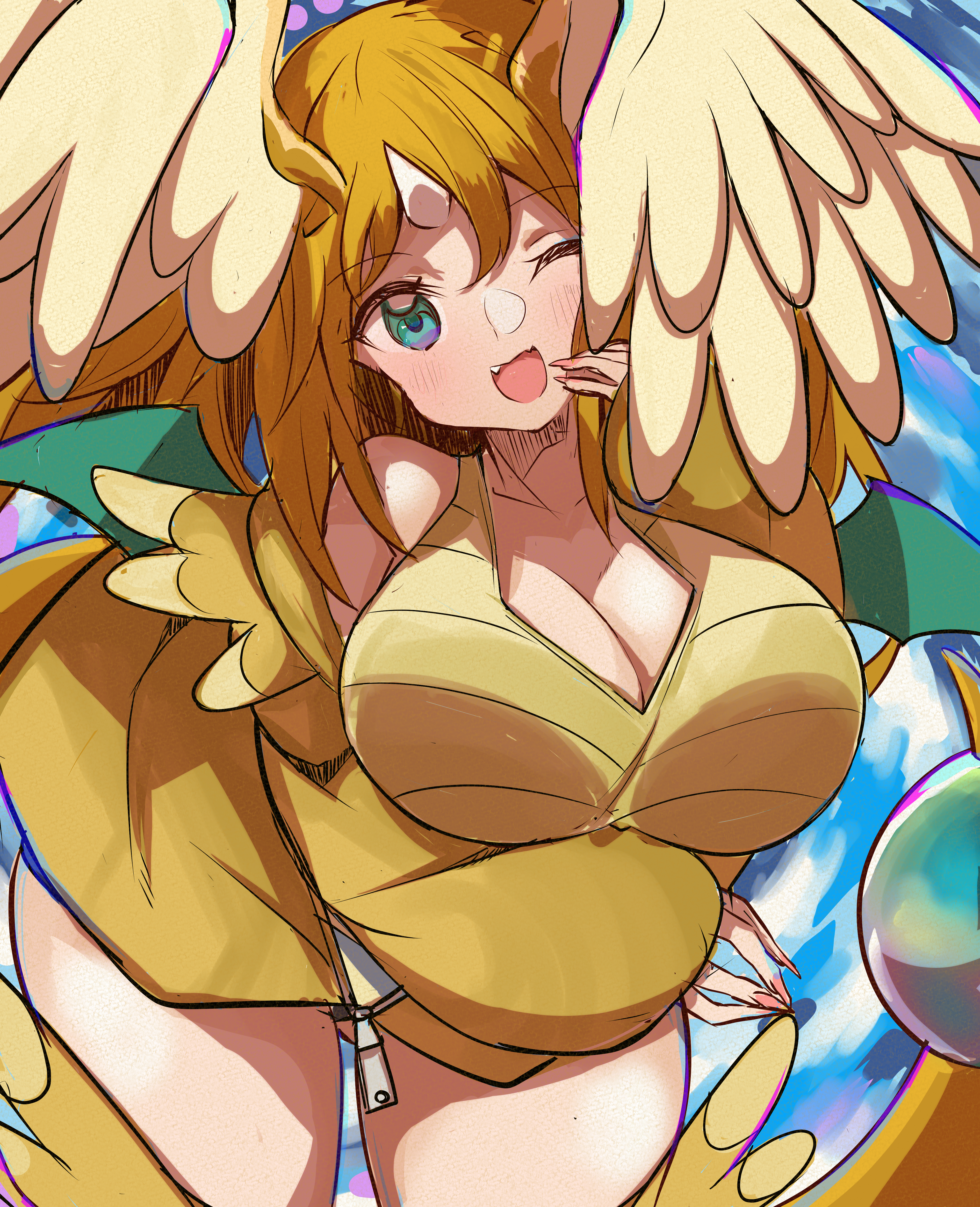 cafe berry, dragonite, mega dragonite, nintendo, pokemon, absurdres, highres, 1girl, ;d, blue eyes, breasts, cleavage, dragon girl, fat, gen 1 pokemon, head wings, horns, large breasts, one eye closed, open mouth, personification, pokemon (creature), single horn, smile, tail, wings, zipper