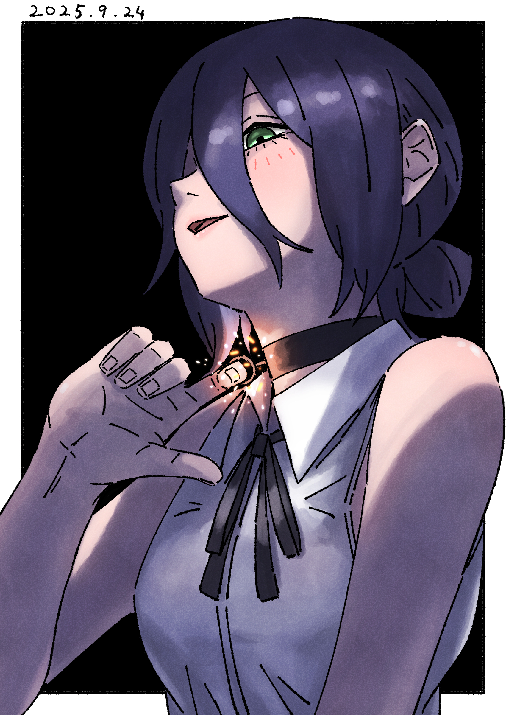 uzumi1201, reze (chainsaw man), chainsaw man, absurdres, highres, 1girl, black background, black choker, blue hair, border, choker, dated, green eyes, grenade pin, hair between eyes, hair bun, open mouth, shirt, sleeveless, sleeveless shirt, solo, white border, white shirt