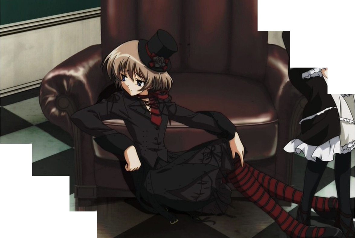 wakatsuki shuri, myself yourself, anime screenshot, stitched, third-party edit, 00s, belt, black dress, brown hair, dress, frills, goth fashion, hat, lace, necktie, ribbon, short hair, skirt