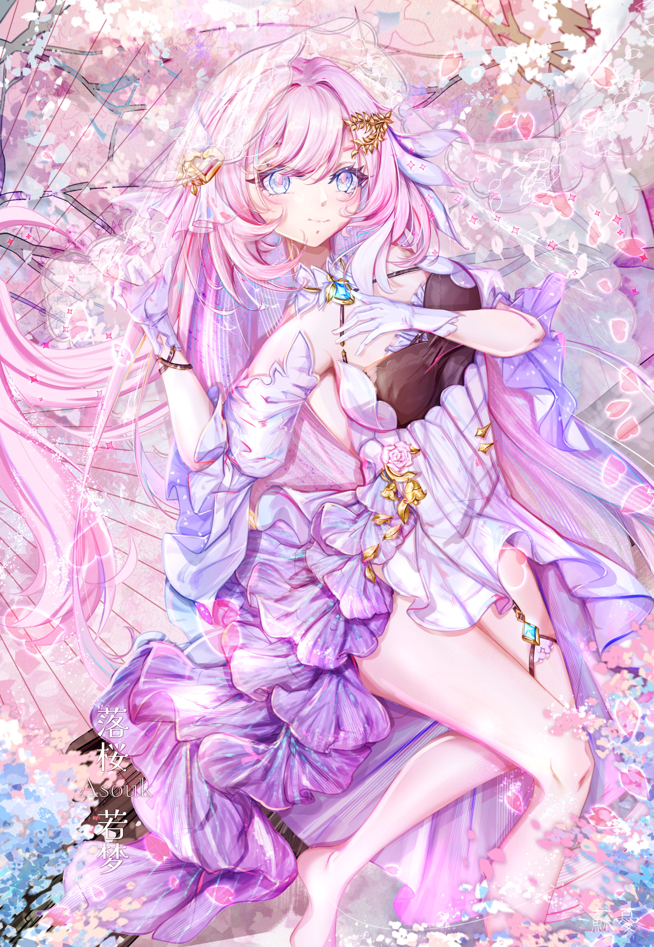 su you, elysia (honkai impact), honkai (series), honkai impact 3rd, absurdres, chinese commentary, commentary request, highres, 1girl, barefoot, blue eyes, breasts, dress, falling petals, gloves, large breasts, long hair, looking at viewer, lying, official alternate costume, on side, petals, pink hair, smile, solo, veil, very long hair, white dress, white gloves, white veil