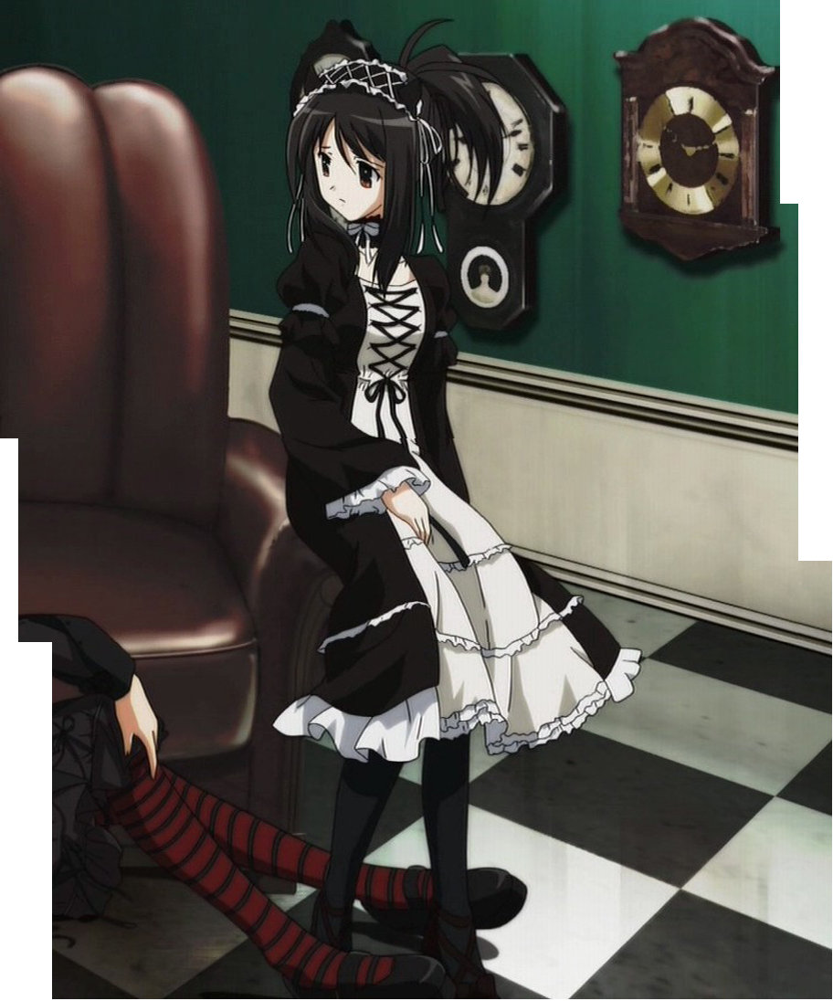 hoshino asami, myself yourself, anime screenshot, stitched, third-party edit, 00s, 2girls, black dress, black hair, dress, female focus, frilled skirt, frills, goth fashion, indoors, long skirt, multiple girls, pantyhose, ribbon, skirt