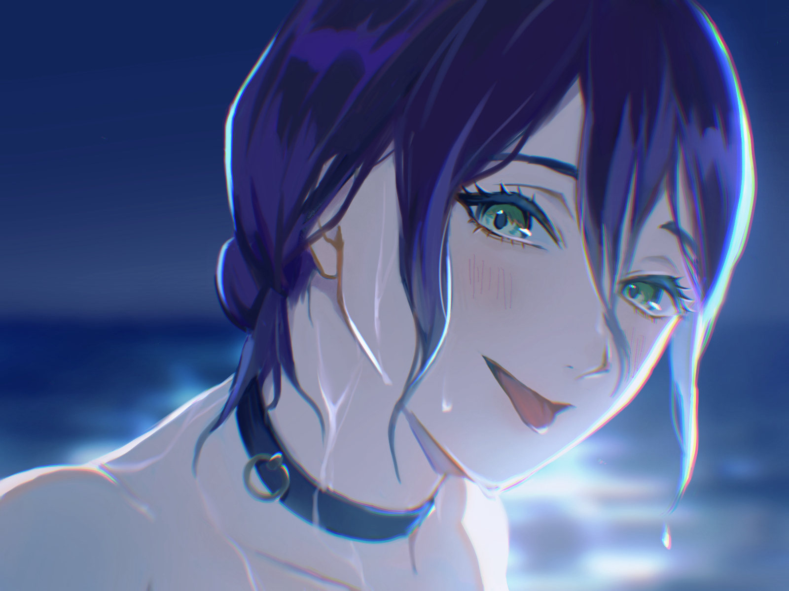 nashimaru, reze (chainsaw man), chainsaw man, highres, 1girl, black choker, blue hair, choker, green eyes, grenade pin, hair between eyes, hair bun, looking at viewer, solo, tongue, tongue out, water, wet, wet hair