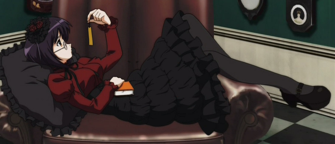 oribe aoi, myself yourself, anime screenshot, stitched, third-party edit, 00s, 1girl, breasts, female focus, frills, full body, glasses, goth fashion, gothic lolita, indoors, lolita fashion, long skirt, pantyhose, pillow, ribbon, short hair, skirt, solo