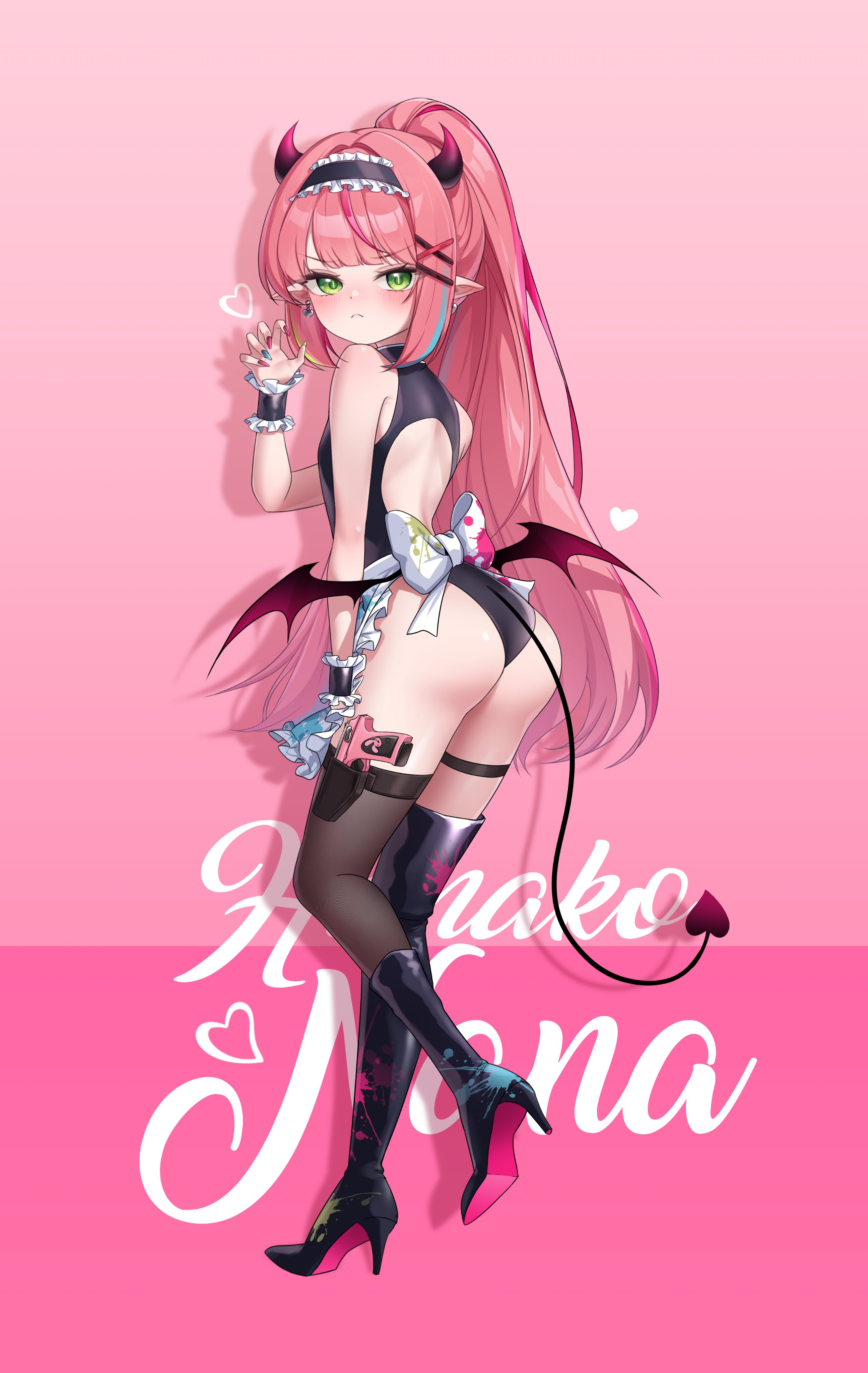 charachan900, hanako nana, stellive, absurdres, commentary request, highres, korean commentary, 1girl, apron, aqua streaks, ass, asymmetrical legwear, bare back, black boots, black horns, black leotard, black thighhighs, black wings, boots, character name, closed mouth, cursive, curved horns, demon tail, earrings, frilled apron, frilled wristband, frills, from behind, frown, full body, green eyes, green streaks, hair ornament, hairclip, hand up, heart, heart earrings, high heel boots, high heels, holster, holstered, horns, jewelry, leotard, long hair, looking at viewer, looking back, low wings, maid headdress, mini wings, multicolored hair, nail polish, paint on clothes, paint splatter, pink background, pink hair, pink streaks, pointy ears, ponytail, shadow, solo, streaked hair, tail, thigh holster, thighhighs, turning head, two-tone background, very long hair, virtual youtuber, waist apron, white apron, wings, x hair ornament