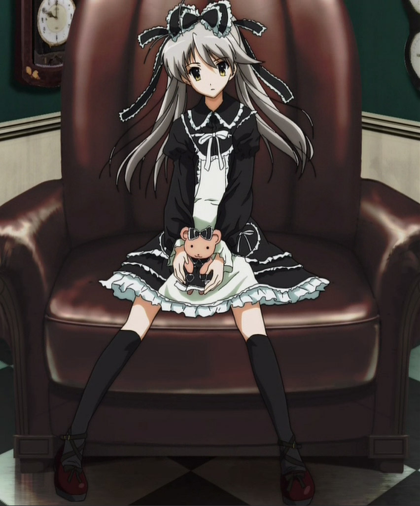 mochida hinako, myself yourself, silver hair, anime screenshot, stitched, third-party edit, 00s, 1girl, female focus, frills, goth fashion, gothic lolita, hair ribbon, indoors, lolita fashion, ribbon, solo, stuffed animal, stuffed toy, teddy bear, thighhighs, yellow eyes