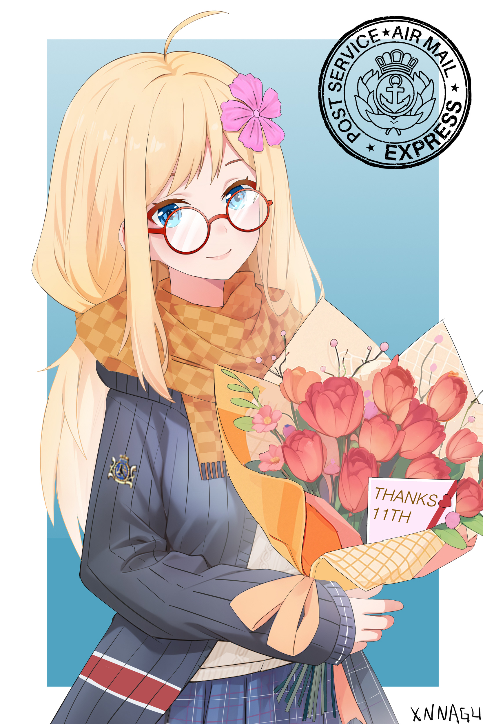 xnnagu, hood (warship girls r), warship girls r, absurdres, commentary request, highres, 1girl, ahoge, anniversary, blonde hair, blue background, blue eyes, blue sweater, blush, border, bouquet, breasts, cardigan, checkered clothes, checkered scarf, emblem, english text, envelope, flower, glasses, hair flower, hair ornament, heart, holding, holding bouquet, lips, long hair, long sleeves, looking at viewer, medium breasts, necktie, open cardigan, open clothes, outside border, plaid clothes, plaid skirt, red-framed eyewear, rose, round eyewear, royal navy, scarf, school uniform, shirt, signature, simple background, skirt, smile, solo, stamp mark, sweater, union jack, upper body, valentine, white border, white shirt