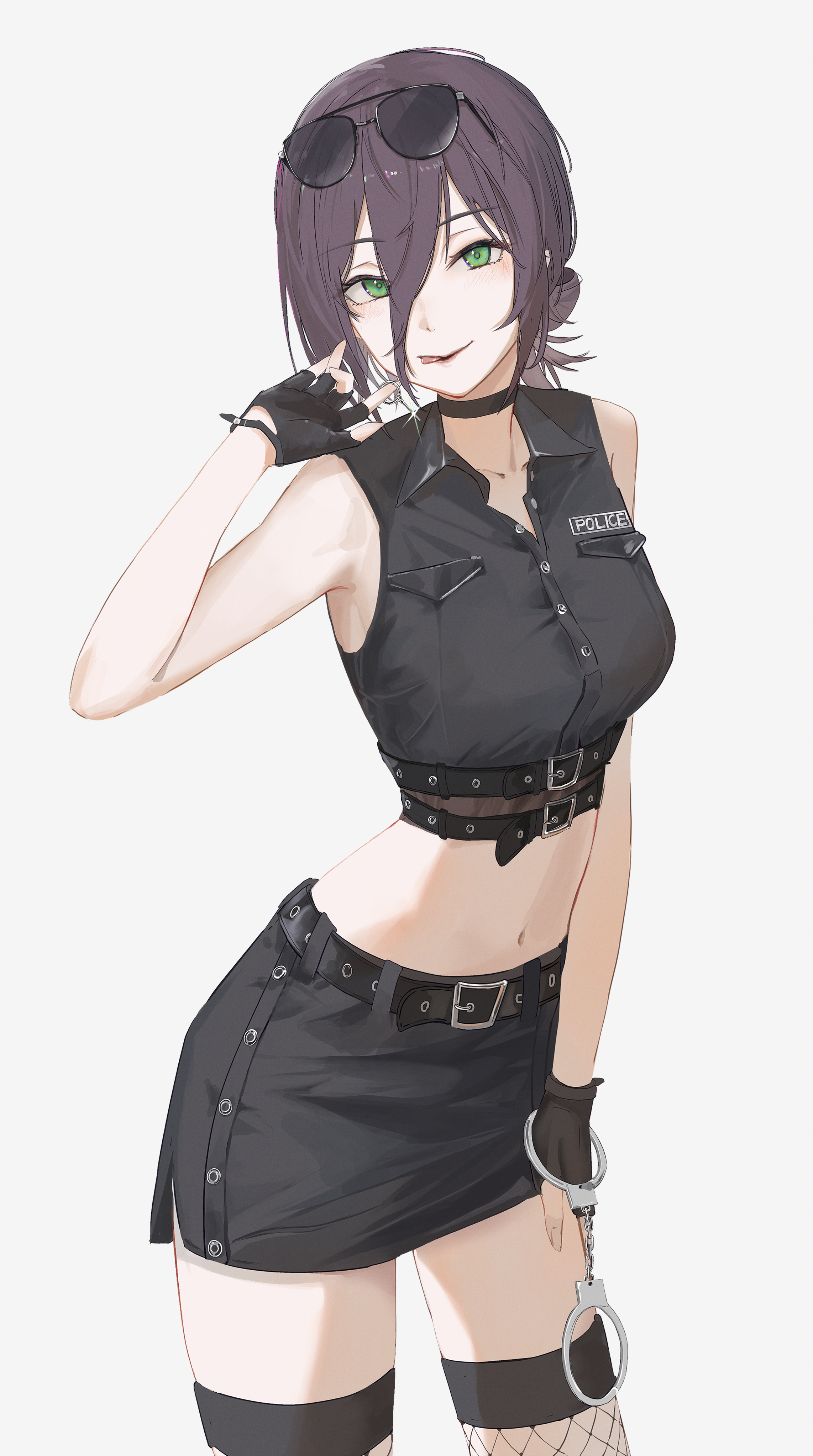 hrk (dxez4457), reze (chainsaw man), chainsaw man, absurdres, highres, 1girl, alternate costume, black gloves, black hair, black shirt, black skirt, breasts, crop top, cropped shirt, cuffs, eyewear on head, fingerless gloves, fishnet thighhighs, fishnets, gloves, green eyes, hair between eyes, hair bun, handcuffs, holding, holding handcuffs, medium breasts, miniskirt, navel, shirt, simple background, skirt, sleeveless, sleeveless shirt, solo, sunglasses, thighhighs, white background