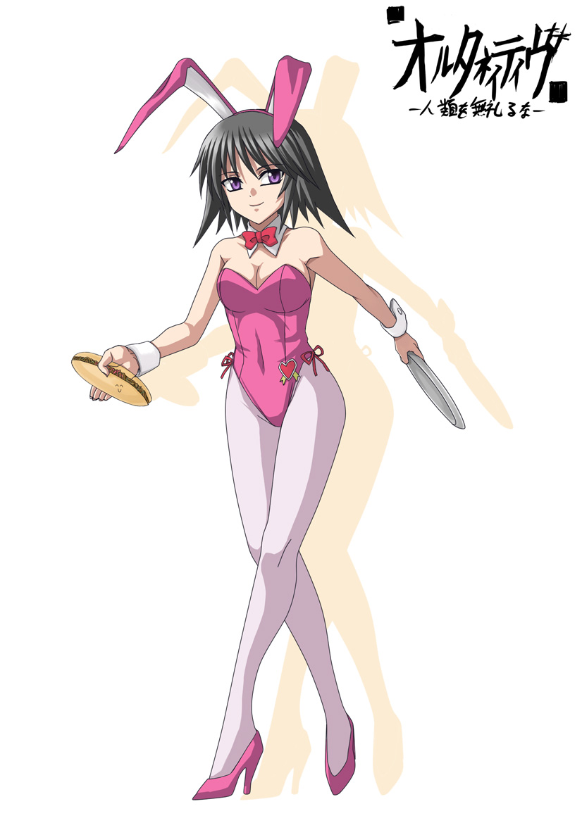 minarai, ayamine kei, kouzuki kallen, code geass, muv-luv, 1girl, animal ears, black hair, breasts, cleavage, cosplay, fake animal ears, female focus, food, high heels, kouzuki kallen (cosplay), pantyhose, pink pantyhose, playboy bunny, purple eyes, rabbit ears, sandwich, shoes, short hair, solo