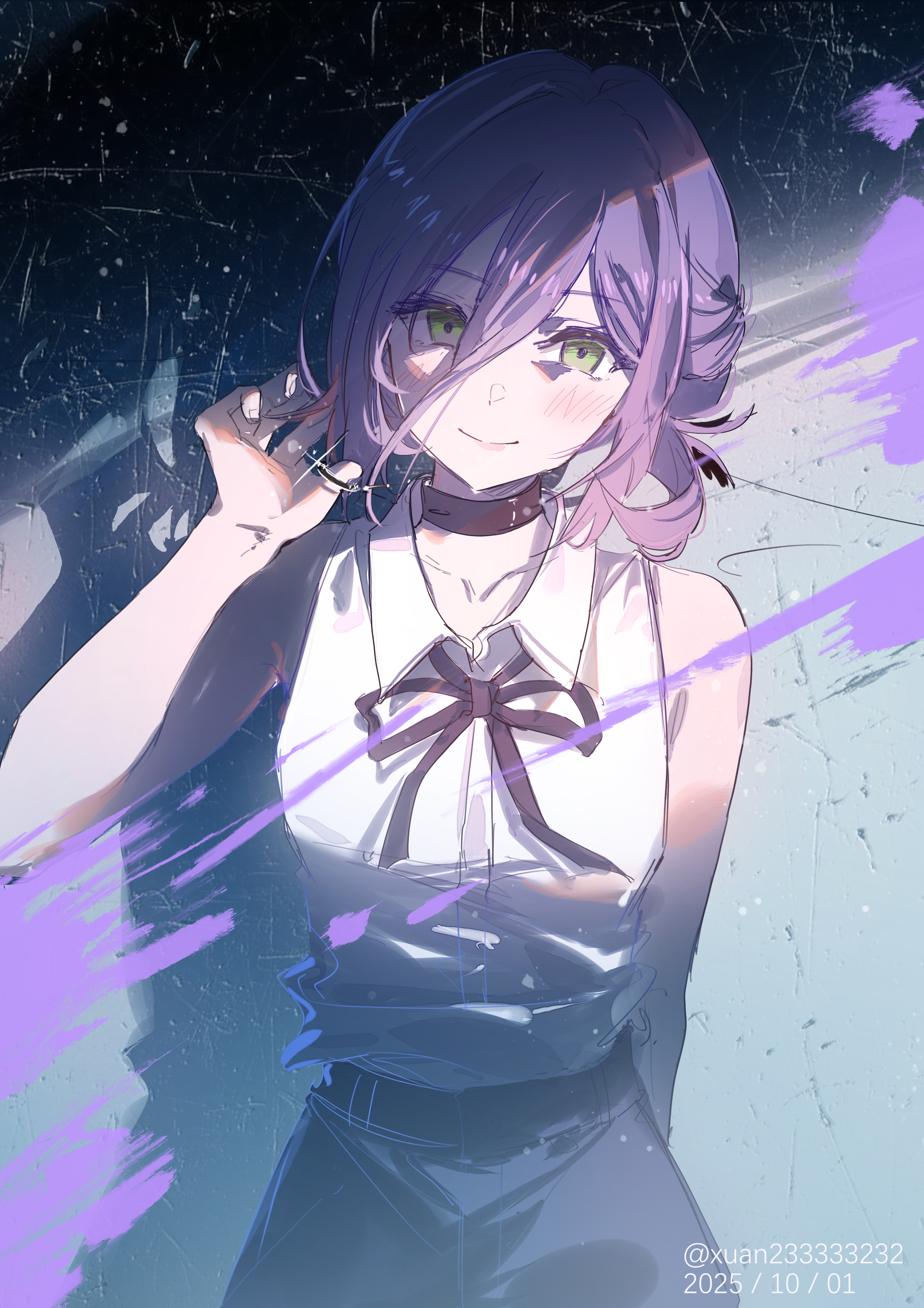 xuan233333232, reze (chainsaw man), chainsaw man, absurdres, highres, 1girl, black choker, black necktie, black ribbon, choker, closed mouth, collared shirt, green eyes, grenade pin, hair between eyes, looking at viewer, neck ribbon, necktie, purple hair, ribbon, shirt, shirt tucked in, smile, solo, white shirt