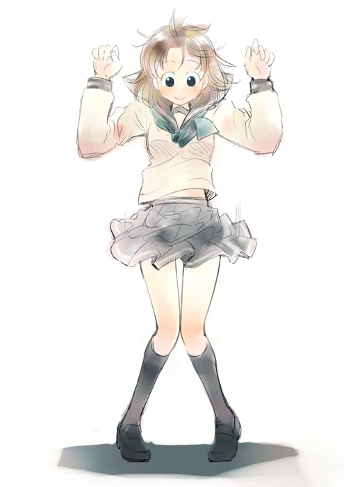 ikeda jun (mizutamari), original, blush, jumping, kneehighs, messy hair, school uniform, serafuku, socks, solo, squatting