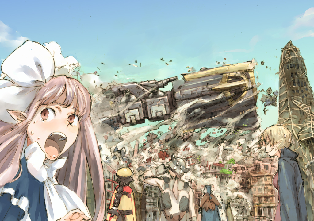toi8, mage (disgaea), male soldier (phantom kingdom), merchant (phantom kingdom), professor (phantom kingdom), super battleship yoshitsuna, nippon ichi, phantom kingdom, 1boy, 2girls, beret, blonde hair, bow, brown hair, coat, elf, glasses, hat, helmet, multiple girls, open mouth, pink eyes, pink hair, pointy ears, sweatdrop, uvula