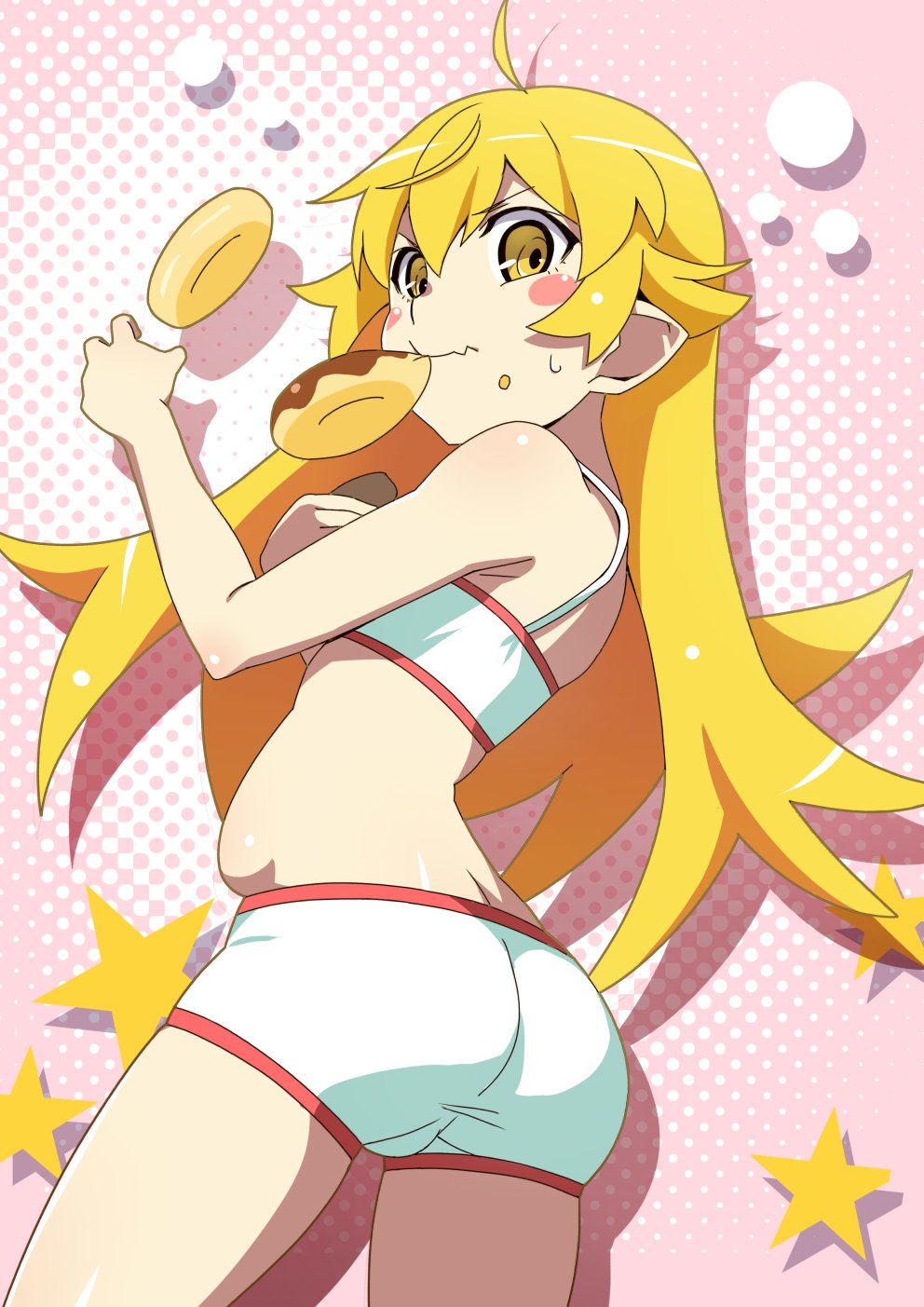 gesugesu ahoaho, oshino shinobu, monogatari (series), highres, ahoge, blonde hair, blush stickers, boyshort panties, bra, chocolate donut, closed mouth, curled fingers, donut, double-parted bangs, drop shadow, fang, flipped hair, floating food, food, food in mouth, food on face, from side, hair flaps, halftone, halftone background, hand on own chest, hand up, holding, holding donut, holding food, light frown, looking at viewer, mouth hold, panties, pink background, plump, pointy ears, red trim, ringed eyes, skin fang, star (symbol), sweatdrop, underwear, v-shaped eyebrows, white bra, white panties