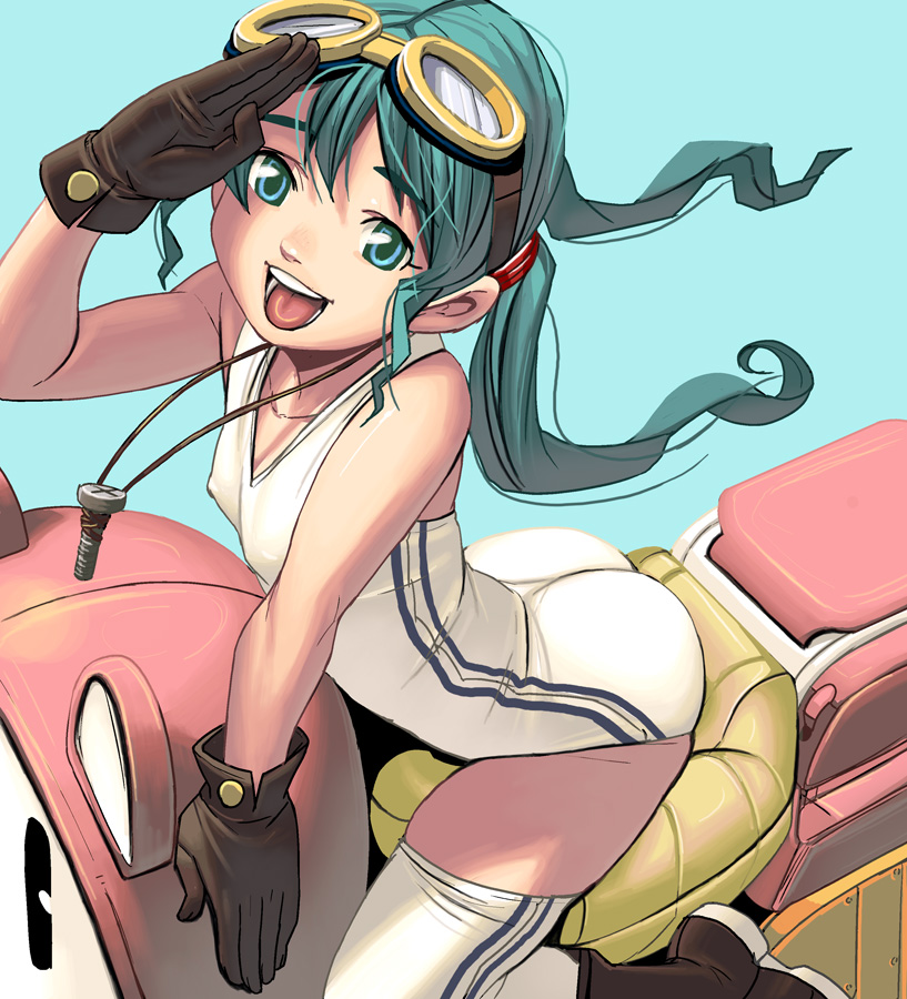 kouno (masao), original, bad id, bad pixiv id, 1girl, ass, female focus, gloves, goggles, green eyes, green hair, long hair, matching hair/eyes, one-piece swimsuit, salute, sitting, solo, swimsuit, thighhighs, twintails