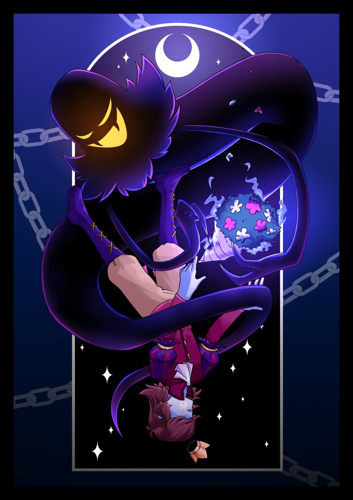 zabalam inana, prince (a hat in time), snatcher (a hat in time), a hat in time, commentary request, highres, spoilers, 2boys, arched window, ascot, black outline, blue fire, boots, bouquet, buttons, chain, colored tears, crescent moon, crying, dual persona, fangs, fewer digits, fire, flower, ghost, ghost tail, jacket, knee boots, lace-up boots, long sleeves, male focus, moon, multiple boys, orange hair, outline, pants, parted lips, purple boots, red flower, red jacket, skin fangs, smile, star (sky), streaming tears, tears, upside-down, white ascot, white flower, window, yellow pants