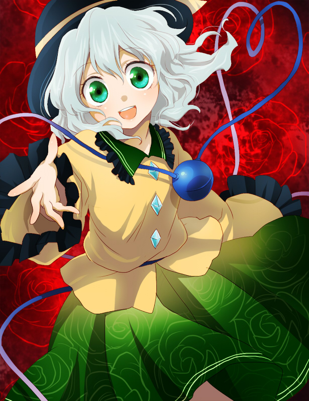 machiko (beard), komeiji koishi, touhou, silver hair, 1girl, blush, buttons, closed eyes, female focus, green eyes, green hair, green skirt, hat, heart, heart of string, long sleeves, looking at viewer, matching hair/eyes, outstretched arm, skirt, solo, string, third eye