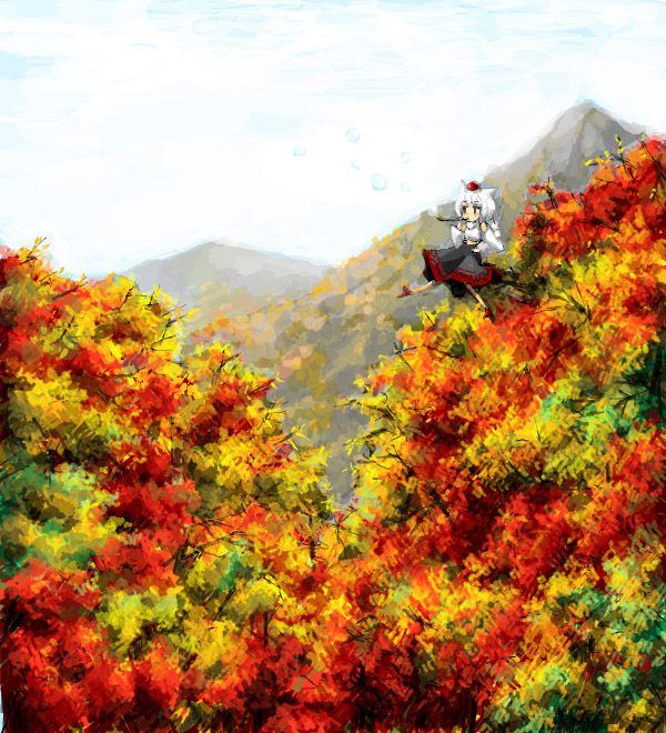 goldregen, inubashiri momiji, touhou, 1girl, autumn, bubble, female focus, geta, nature, scenery, solo, tengu-geta