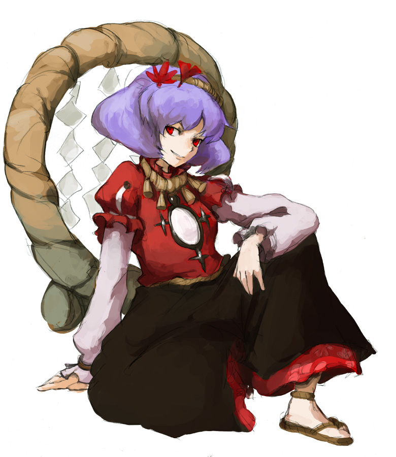 kasa (hitori sanka), yasaka kanako, touhou, 1girl, female focus, hair ornament, leaf, leaf hair ornament, maple leaf, mirror, purple hair, red eyes, sandals, short hair, sitting, smirk, solo, zouri