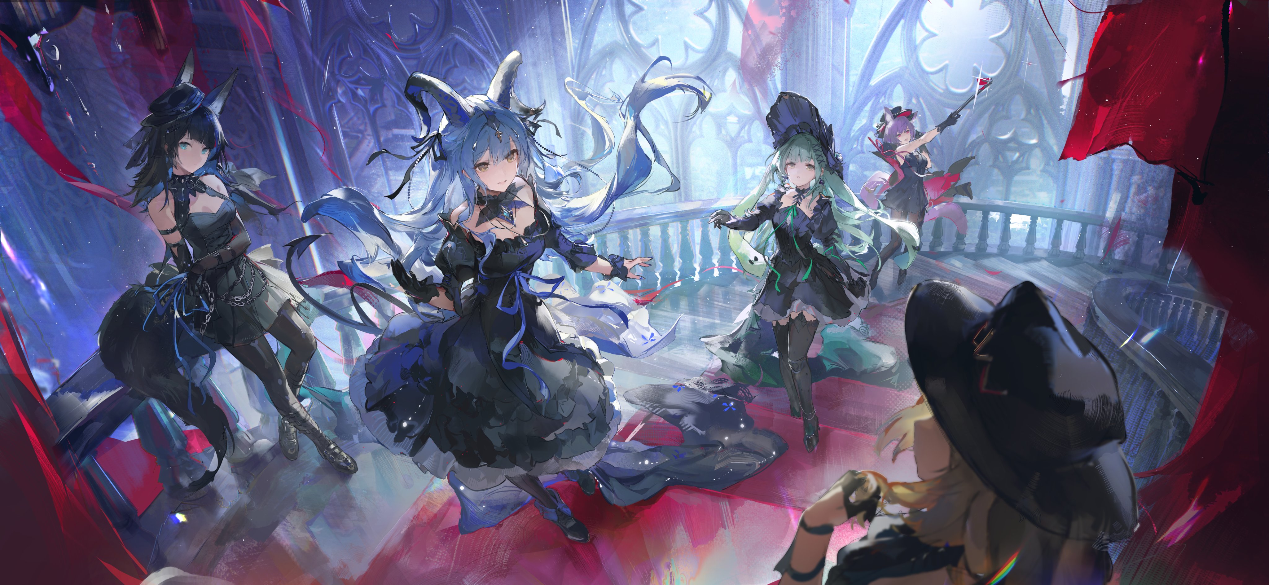 zombie ke, misumi uika, misumi uika (caged singer), togawa sakiko, togawa sakiko (master of melodia), wakaba mutsumi, wakaba mutsumi (marionette's id), yuutenji nyamu, yuutenji nyamu (magician of passion), arknights, bang dream!, bang dream! it's mygo!!!!!, absurdres, highres, 4girls, animal ears, bare shoulders, black dress, black gloves, black thighhighs, blonde hair, blue hair, bonnet, breasts, checkered floor, curled horns, dress, gloves, green hair, hair ornament, hat, horns, indoors, jewelry, long hair, medium breasts, multiple girls, pantyhose, pink hair, purple hair, red carpet, ribbon, stairs, thighhighs, very long hair, wrist cuffs, yellow eyes