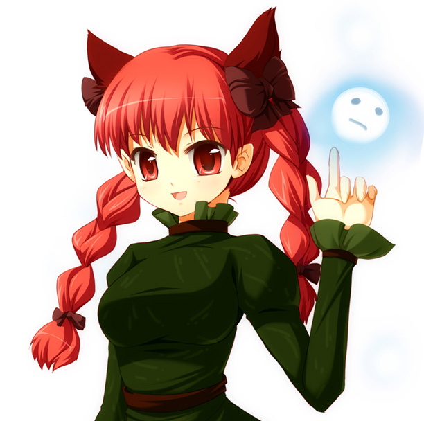maroppe, kaenbyou rin, touhou, 1girl, animal ears, bow, braid, female focus, hair bow, multiple hair bows, red hair, simple background, solo, standing, twin braids, upper body, white background