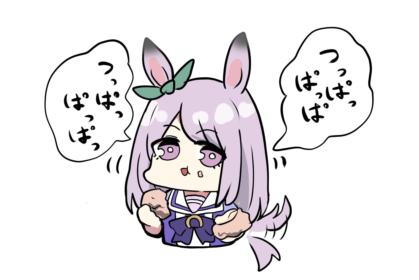 kawamochi (tddm3573), mejiro mcqueen (umamusume), umamusume, translation request, 1girl, afterimage, animal ears, bow, cropped torso, ear ribbon, eating, food, food on face, green ribbon, holding, holding food, horse ears, horse girl, horse tail, long hair, looking at viewer, open mouth, puffy short sleeves, puffy sleeves, purple bow, purple eyes, purple hair, purple shirt, ribbon, school uniform, shirt, short sleeves, simple background, solo, swept bangs, tail, tail wagging, tracen school uniform, upper body, white background