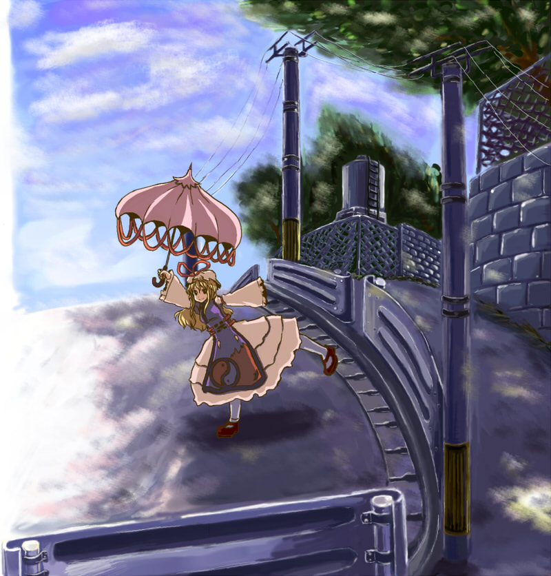 ameimo, yakumo yukari, touhou, 1girl, bad anatomy, bad proportions, contemporary, female focus, poorly drawn, power lines, shade, smile, solo, standing, standing on one leg, umbrella
