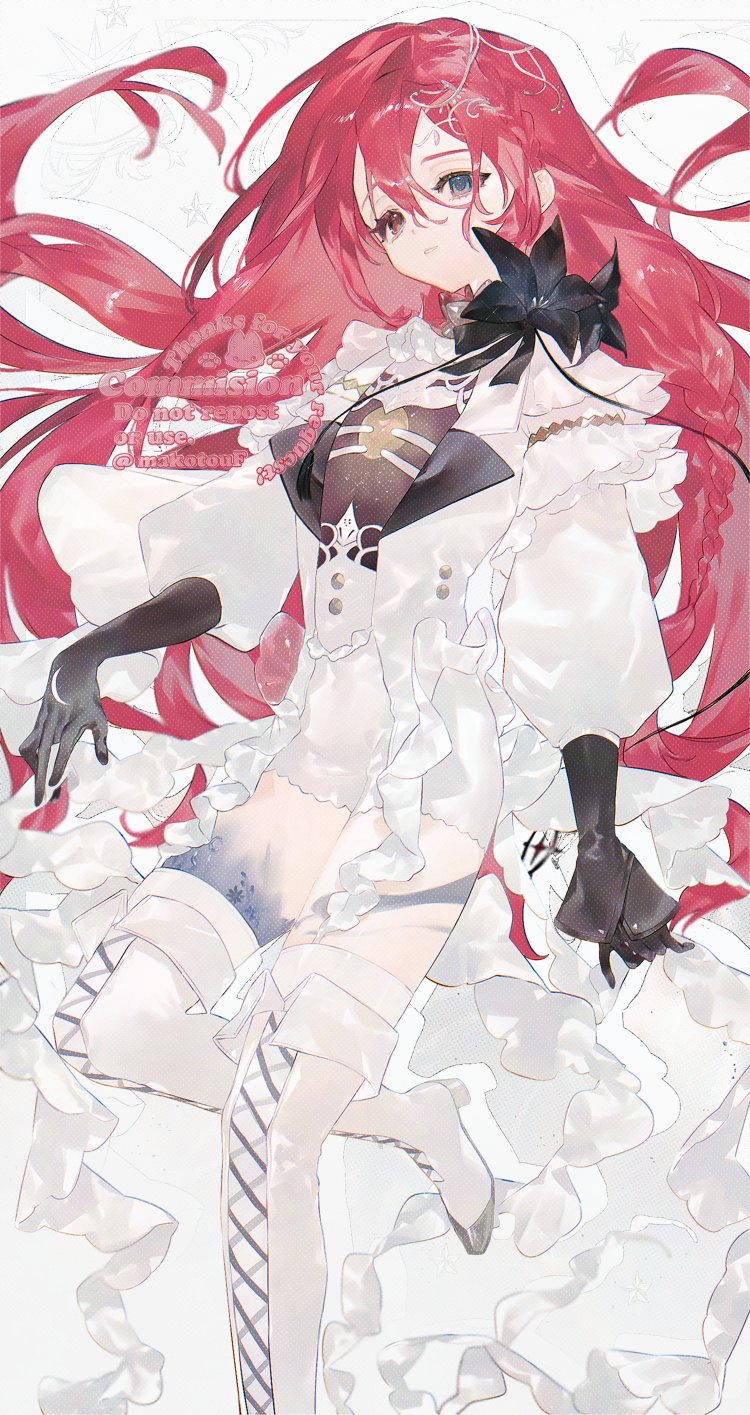 makoto (konbumi), original, commission, highres, skeb commission, 1boy, black bow, black gloves, boots, bow, braid, colored skin, frills, gloves, head out of frame, jacket, lace-up boots, long hair, long sleeves, male focus, multicolored skin, puffy long sleeves, puffy sleeves, red hair, shirt, shorts, simple background, solo, thigh boots, very long hair, white background, white jacket, white shorts