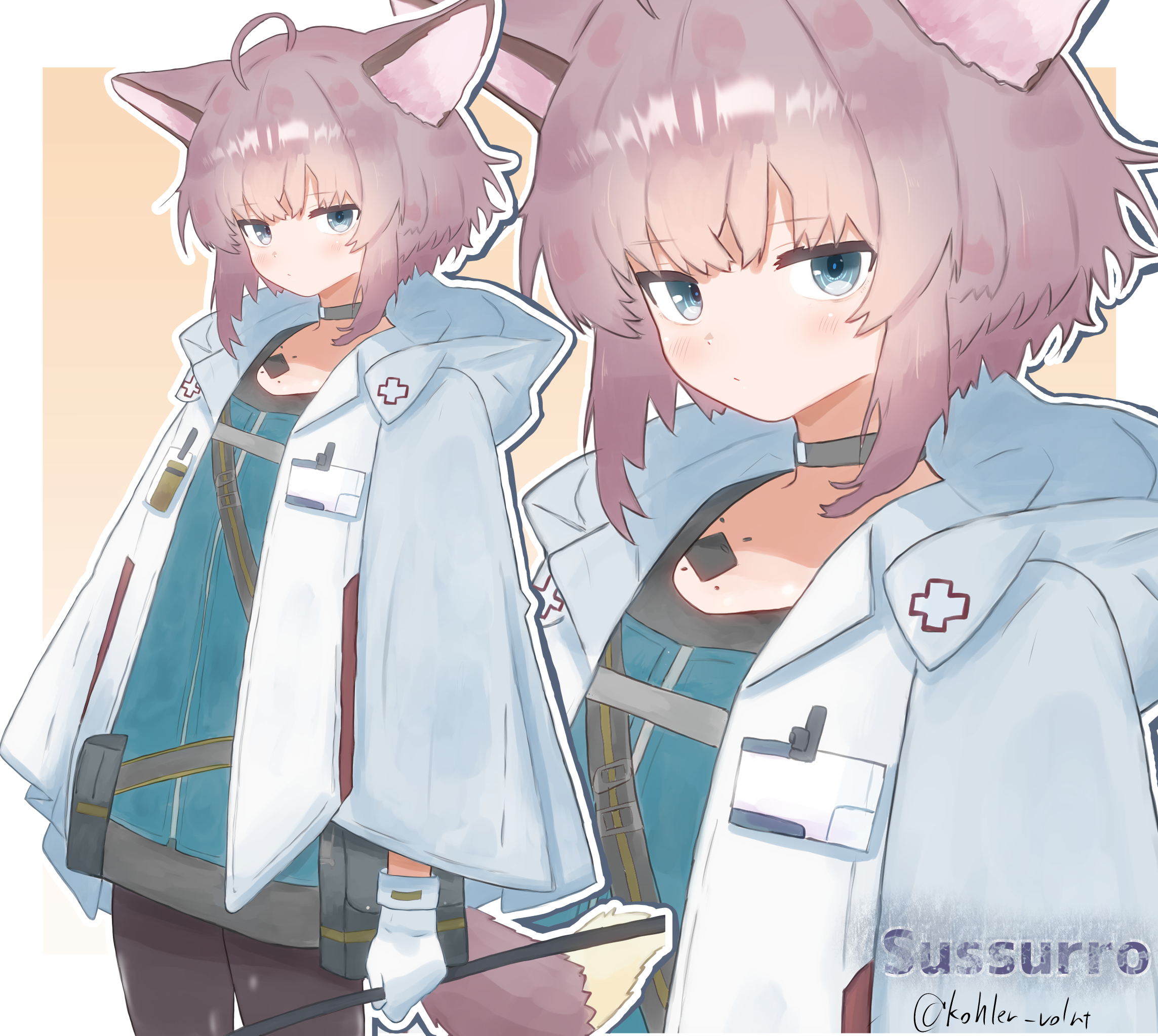 tesura (teslamk2), sussurro (arknights), arknights, commentary, highres, 1girl, ahoge, animal ears, black pantyhose, blue eyes, blush, border, character name, choker, closed mouth, cross, gloves, greek cross, grey choker, holding, hood, hood down, hooded jacket, jacket, long sleeves, looking at viewer, material growth, open clothes, open jacket, oripathy lesion (arknights), outline, outside border, pantyhose, pink hair, red cross, short hair, solo, tail, twitter username, watermark, white border, white gloves, white jacket, white outline, yellow background, zoom layer