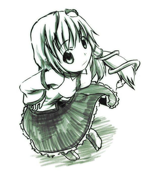 kusaba, kusaba (kusabashiki), kochiya sanae, touhou, 1girl, female focus, green theme, monochrome, snake, solo, tabi