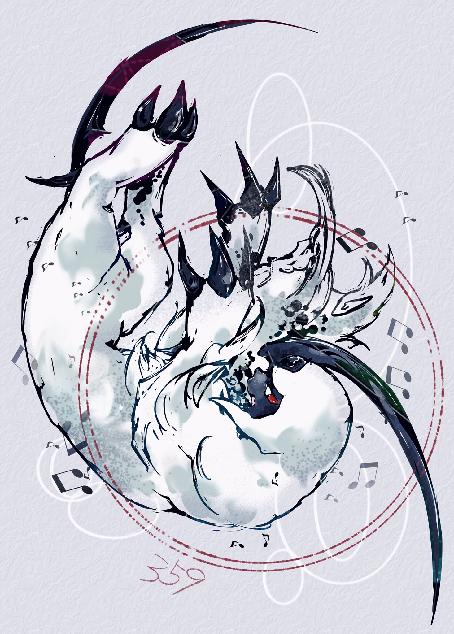 bwmtk1110, absol, nintendo, pokemon, highres, animal focus, claws, fluffy, full body, gen 3 pokemon, grey background, horns, looking at viewer, mane, musical note, neck fur, no humans, pokedex number, pokemon (creature), pokemon focus, red eyes, simple background, single horn, solo, standing, tail, white fur