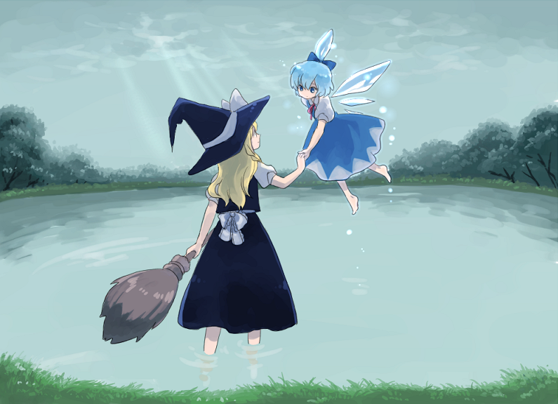 natsume (menthol), natsume (pixiv), cirno, kirisame marisa, embodiment of scarlet devil, touhou, bad id, bad pixiv id, 2girls, barefoot, blonde hair, blue hair, bow, broom, dress, female focus, hair ribbon, hat, hat ribbon, holding hands, lake, landscape, multiple girls, ribbon, scenery, wading, water, wings, witch, witch hat