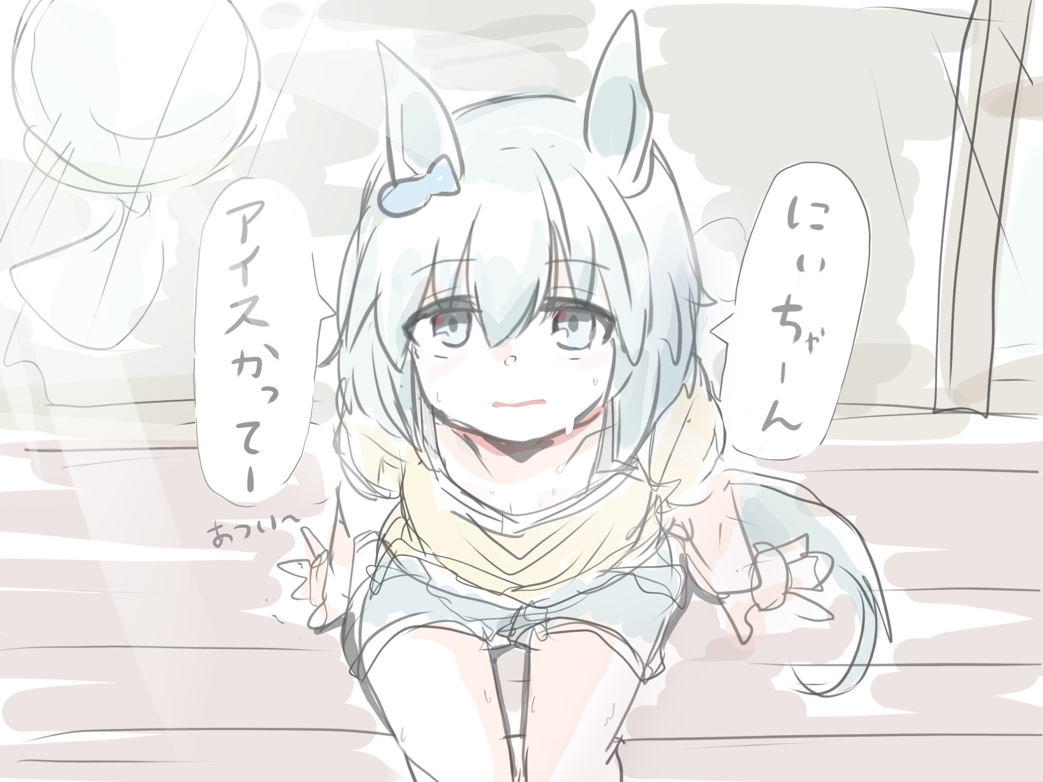 kawamochi (tddm3573), seiun sky (umamusume), umamusume, highres, translation request, 1girl, animal ears, arm support, blue eyes, blue shorts, feet out of frame, from above, grey hair, hair between eyes, horse ears, horse girl, horse tail, looking at viewer, looking up, parted lips, shirt, short sleeves, shorts, sitting, sketch, solo, tail, yellow shirt
