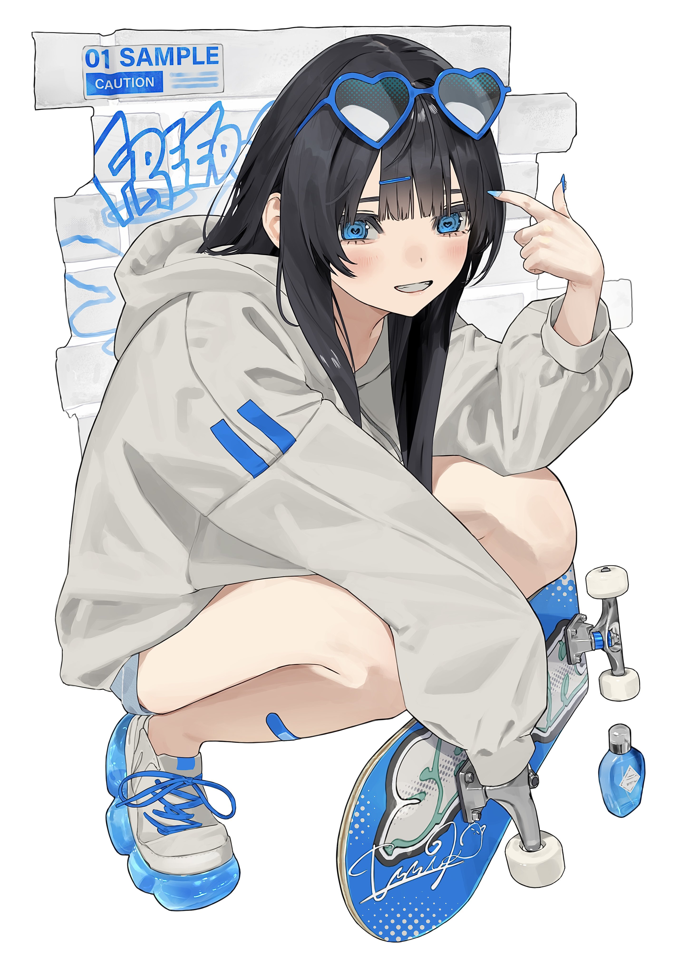 mashiro kta, original, absurdres, highres, 1girl, bandaid, bandaid on leg, black hair, blue eyes, blue nails, blunt bangs, blush, grey hoodie, grin, hair ornament, hairclip, holding, hood, hood down, hoodie, isshiki seiran (mashiro kta), long hair, long sleeves, looking at viewer, nail polish, pointing, pointing at self, shoes, shorts, sidelocks, simple background, skateboard, smile, sneakers, solo, squatting, white background