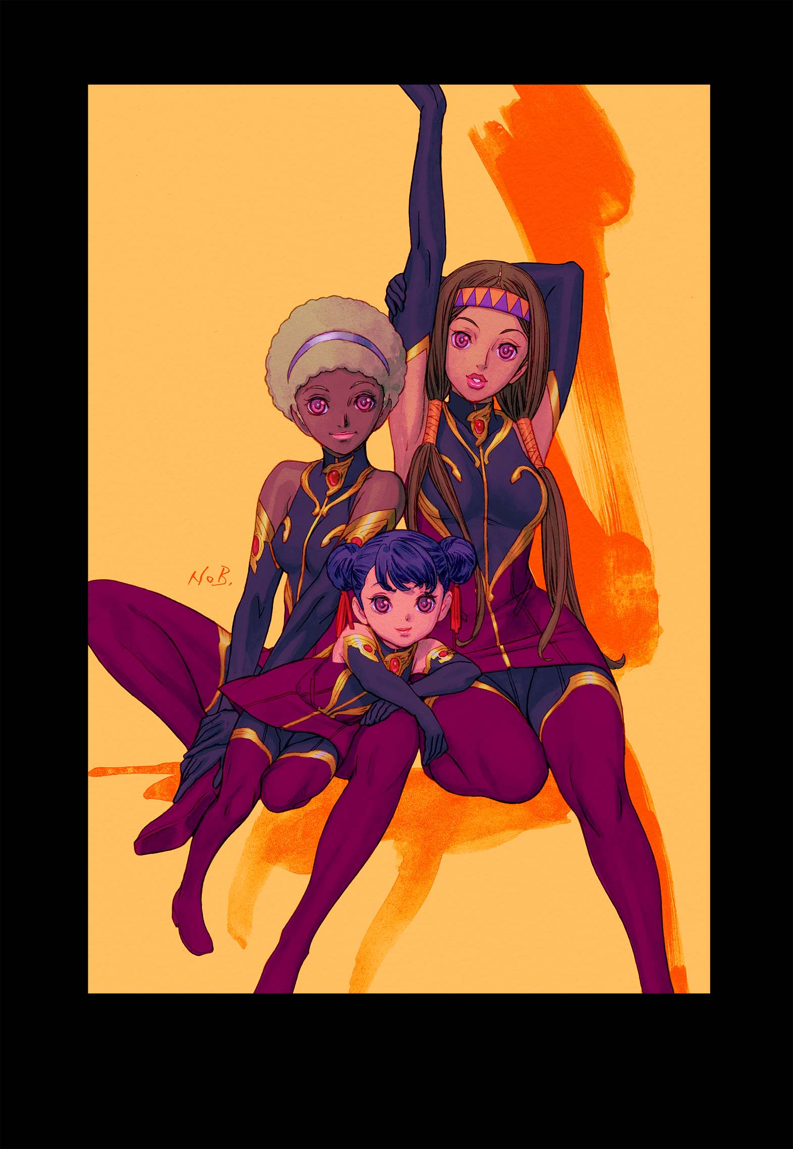 yuuki nobuteru, uchuu senkan yamato, uchuu senkan yamato 2199, character request, highres, official art, 3girls, afro, armpits, black gloves, breasts, closed mouth, dark-skinned female, dark skin, elbow gloves, full body, gloves, lips, long hair, looking at viewer, multiple girls, pantyhose, purple pantyhose, shadow, short hair, smile, twintails