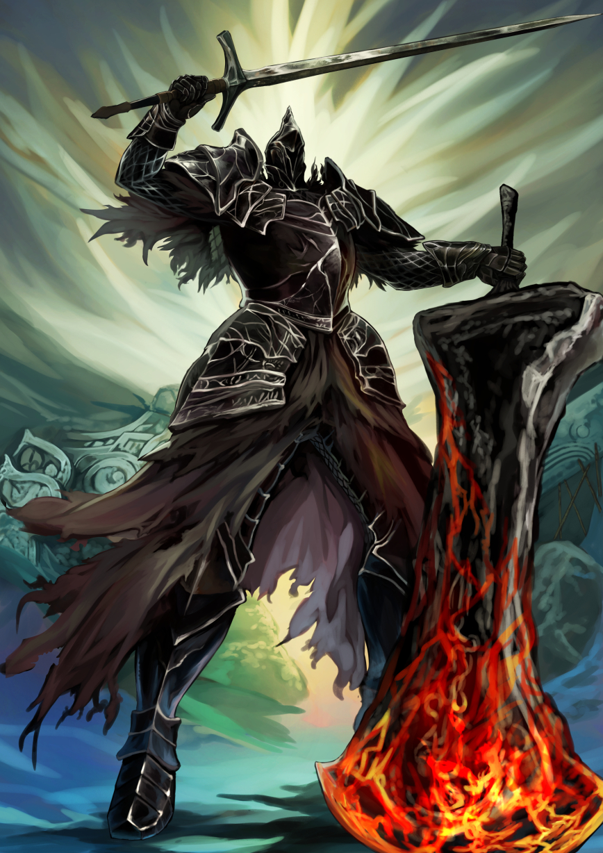yanagisawa (medakokoro), fume knight, dark souls (series), dark souls ii, commentary request, highres, 1boy, arm up, armor, armored boots, asymmetrical dual wielding, black armor, boots, breastplate, dual wielding, faulds, fire, full armor, full body, greatsword, green background, helm, helmet, holding, holding sword, holding weapon, knight, male focus, pauldrons, shoulder armor, solo, standing, sword, weapon