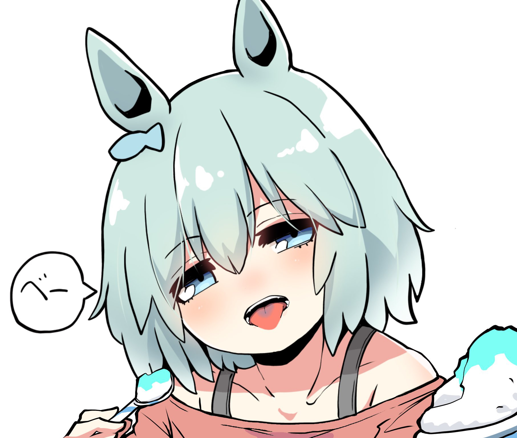 kawamochi (tddm3573), seiun sky (umamusume), umamusume, highres, translation request, 1girl, animal ears, bare shoulders, blue eyes, blue tongue, brown shirt, collarbone, colored tongue, food, grey hair, hair between eyes, holding, holding spoon, horse ears, looking at viewer, off-shoulder shirt, off shoulder, open mouth, shaved ice, shirt, simple background, solo, spoon, tongue, tongue out, upper body, white background