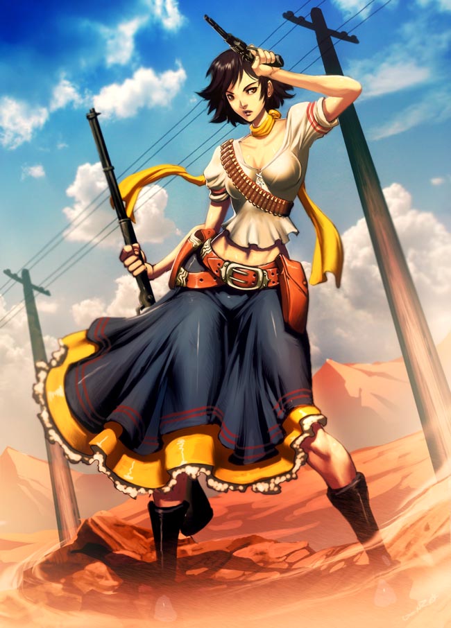 genzoman, adelita (bandolier woman), soldadera, original, commentary, 1girl, adelita, bandolier, belt, black hair, boots, desert, dutch angle, female focus, gun, handgun, lips, long skirt, looking at viewer, mexican revolution, mexico, midriff, outdoors, pistol, revolver, rifle, scarf, skirt, solo, telegraph, telegraph lines, weapon