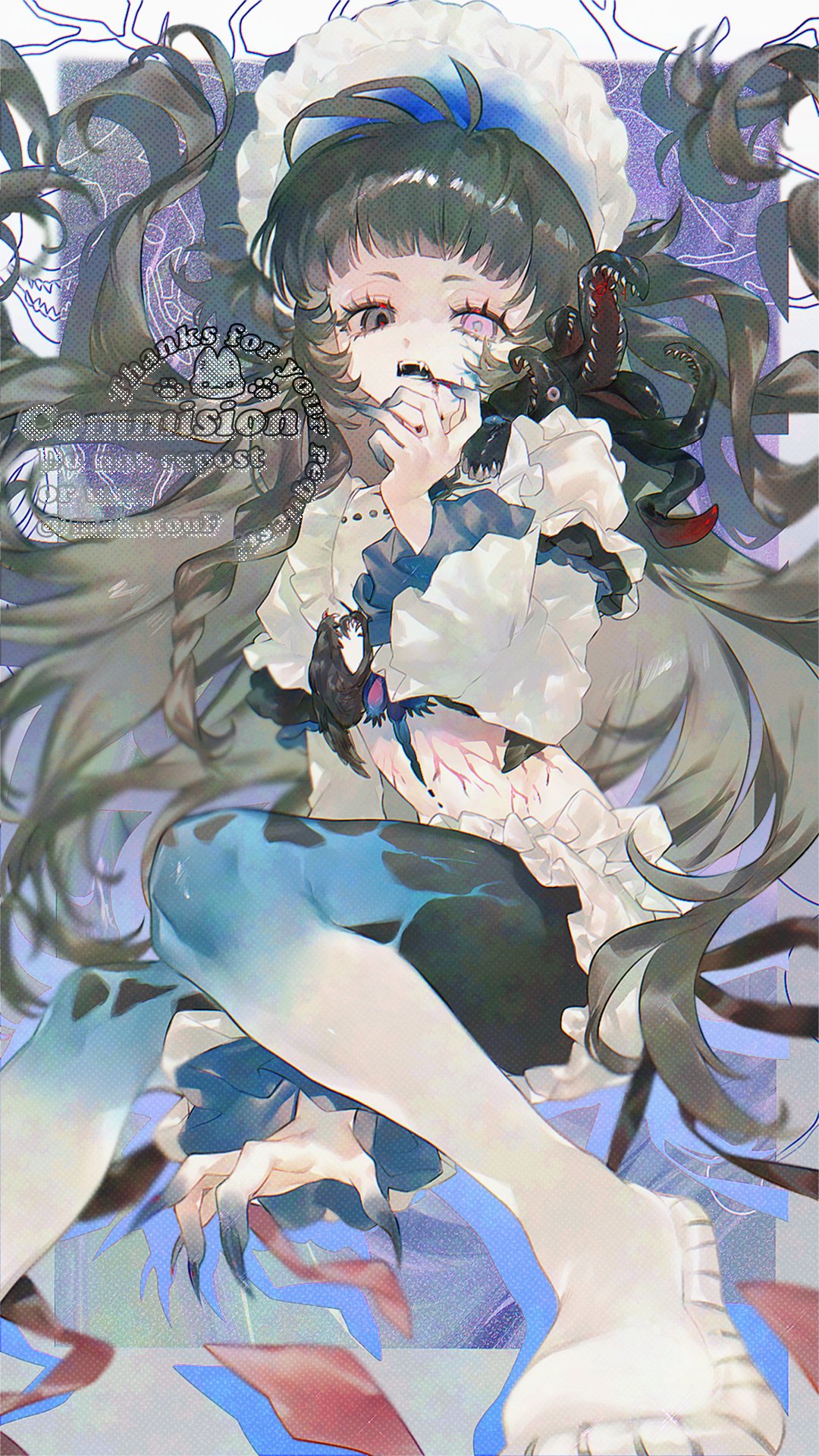 makoto (konbumi), original, commission, highres, skeb commission, 1girl, animal, animal on shoulder, between legs, biting, black eyes, blood, blood from mouth, blue horns, blue nails, braid, crop top, fangs, feet out of frame, fingernails, frills, grey hair, hand between legs, hand to own mouth, heterochromia, horns, long fingernails, long hair, long sleeves, looking at viewer, midriff, mismatched sclera, open mouth, pantyhose, pink eyes, puffy sleeves, sharp fingernails, solo, teeth, very long hair