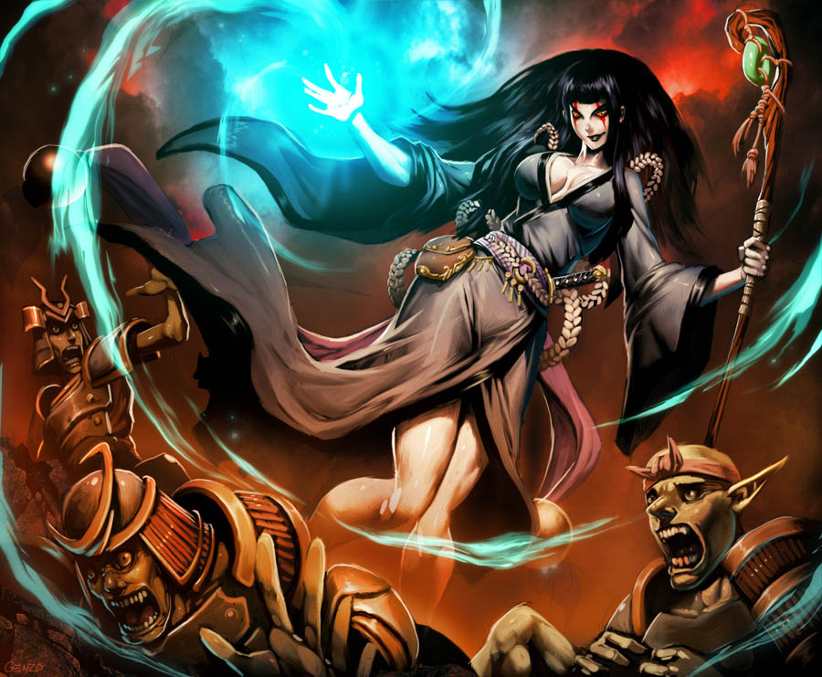 genzoman, legend of the five rings, 1girl, armor, belt, black hair, breasts, cleavage, japanese clothes, kimono, large breasts, magic, no bra, open mouth, orc, screaming, smile, soldier, staff, sword, weapon, yellow eyes
