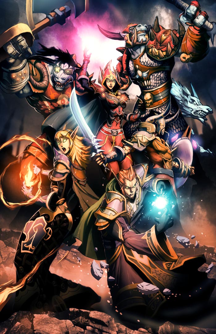 genzoman, blood elf (warcraft), hunter (warcraft), warlock, warlock (warcraft), warcraft, world of warcraft, 2girls, 3boys, armor, axe, elf, fire, helm, helmet, horns, hunter, magic, multiple boys, multiple girls, pointy ears, sword, tauren (warcraft), undead, weapon, wolf